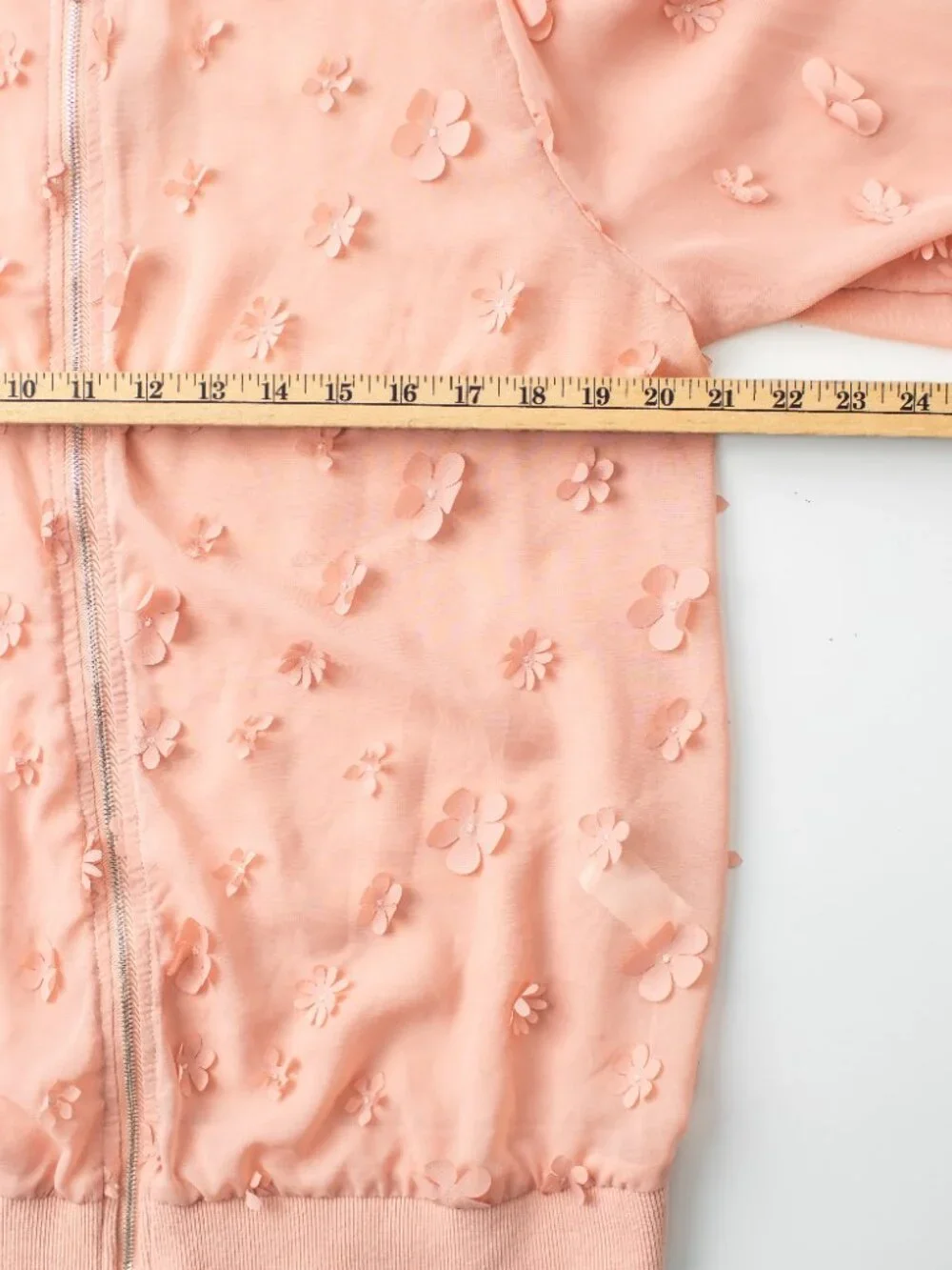 JustFab Bomber Jacket Sheer XL Adorned with 3D Floral Appliqués Mellow Rose - Picture 7 of 7